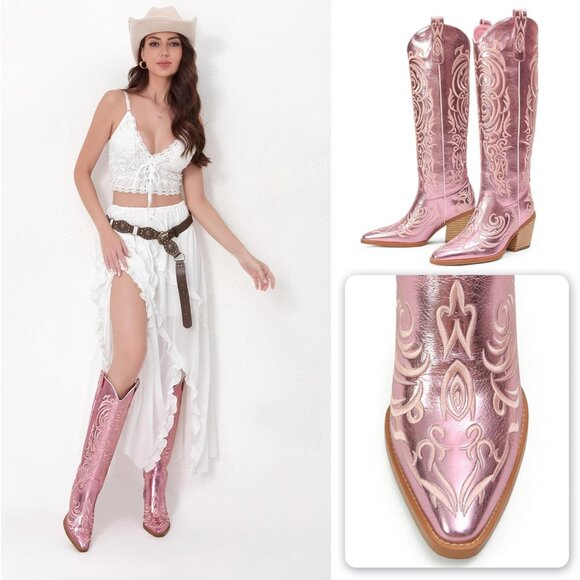 Women Metallic Pink Knee High Pointed Toe Block Heel Western Embroidered Boot - Picture 2 of 8
